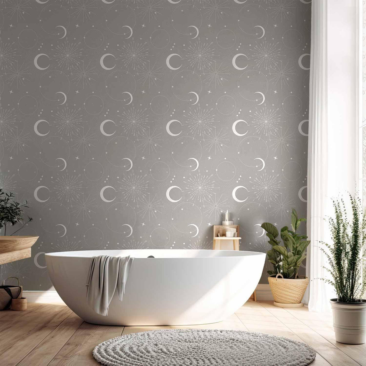 Tapete - Cosmic Fireworks - Elegant pattern with moons and stars on a gray background