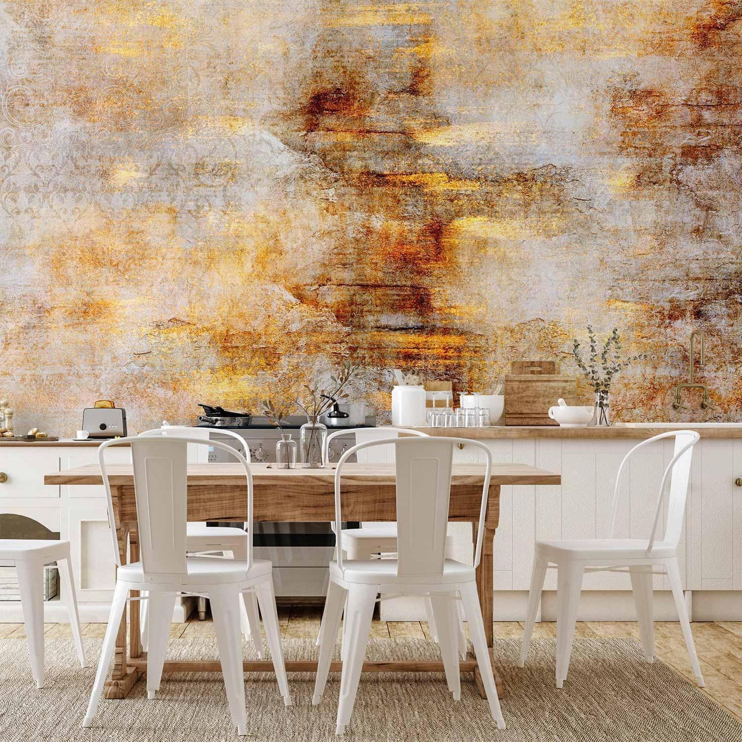 Modernes Wohnzimmer mit goldener Dekotapete