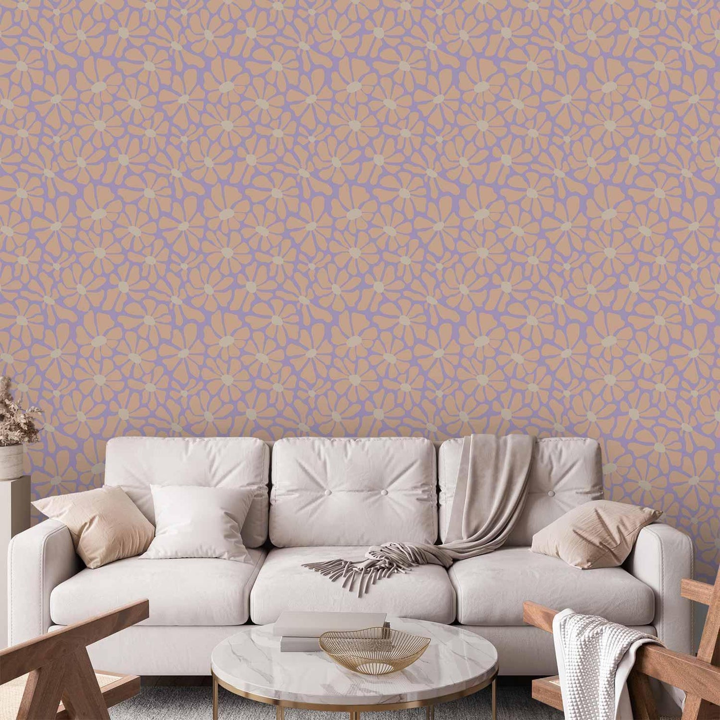 Tapete Kleine Blümchen – Verspieltes Muster in Beige auf Blau