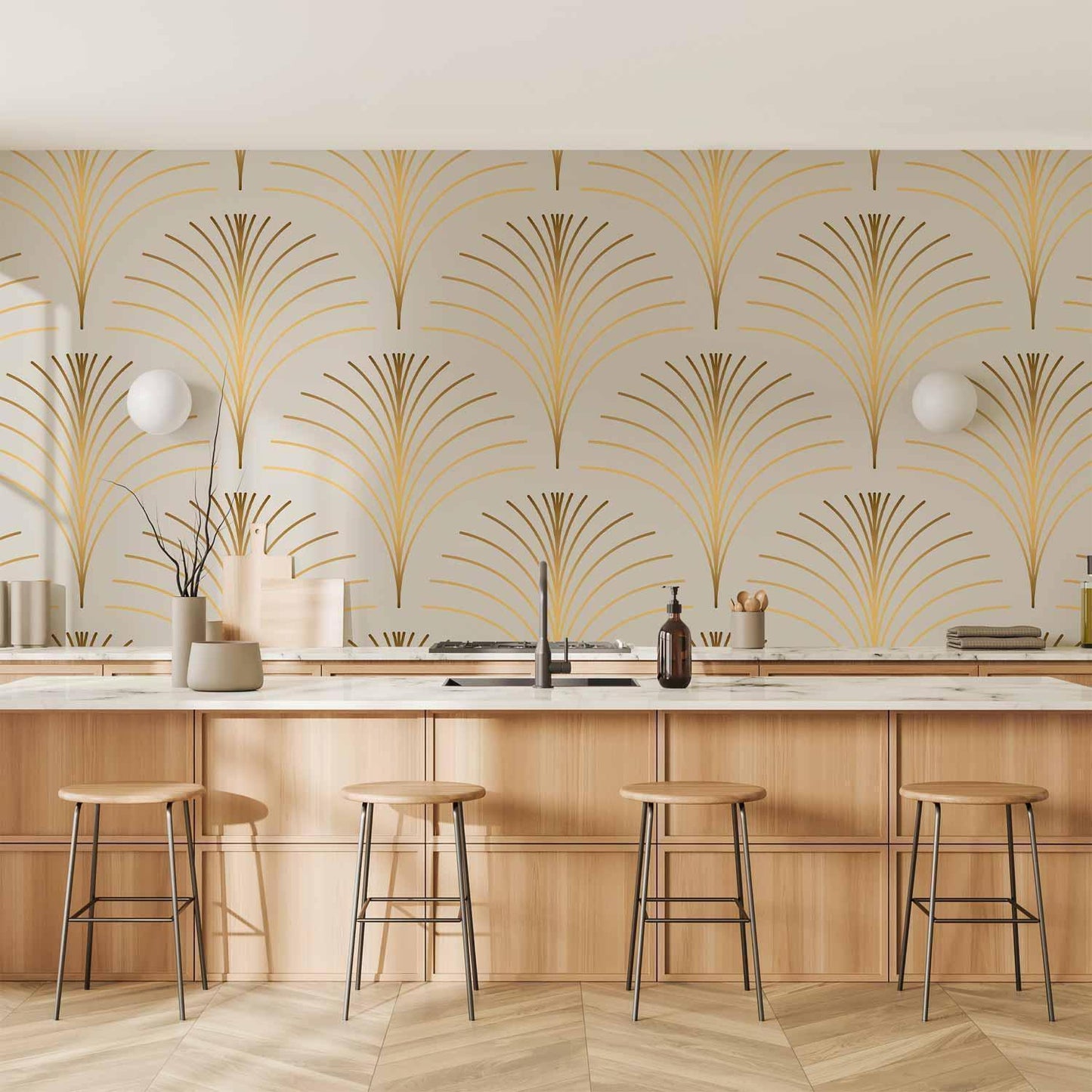 Gold linear pattern wallpaper on marble background in kitchen setting.