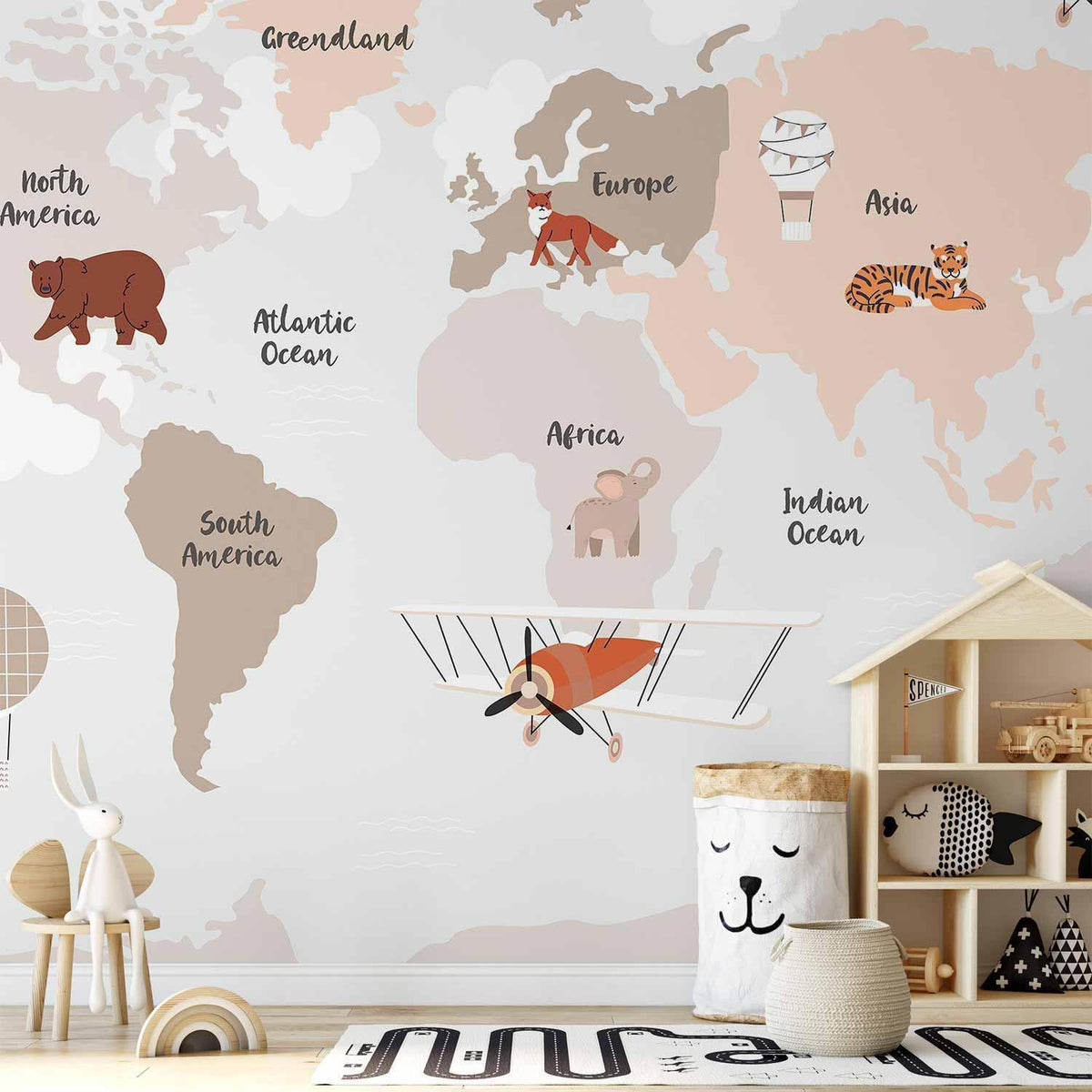 Fototapete - Map in Shades of Beige - Continents With Animals