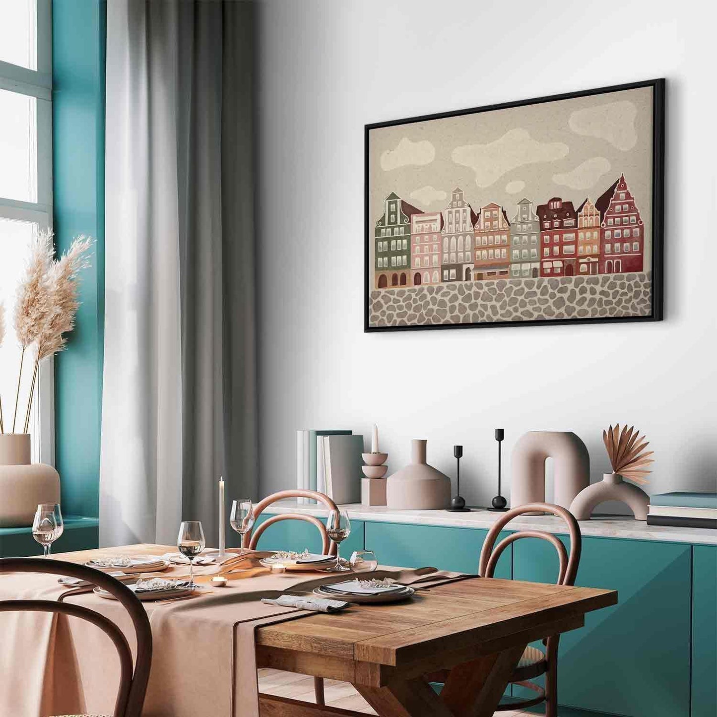 Leinwandbild - Salt Square - Colorful Illustrated Townhouses Against a Cloudy Sky Background Artgeist