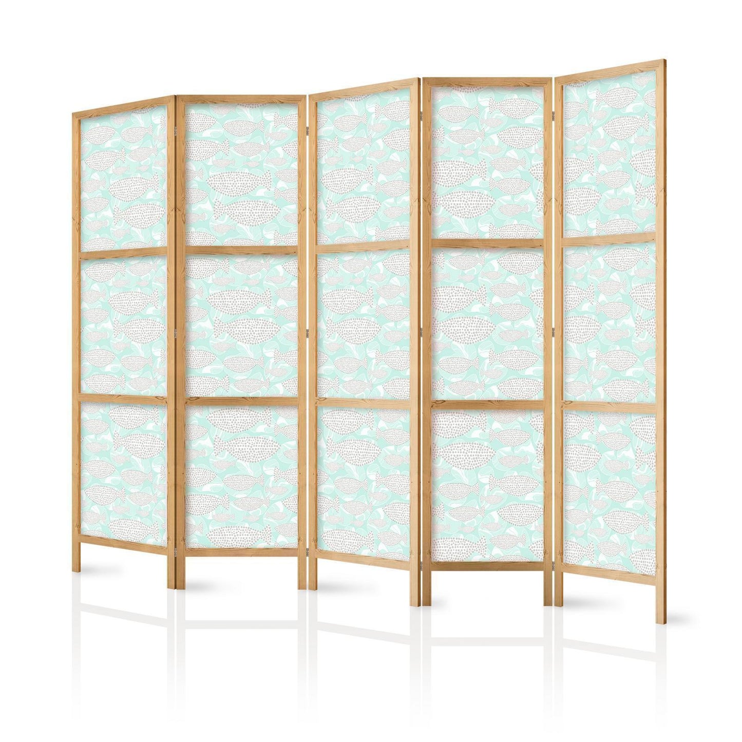 Japanischer Paravent - Minimalist Fish - Fishes From Grey Dots Against a Crystal Sheet of Water in Mint Green Colors Artgeist