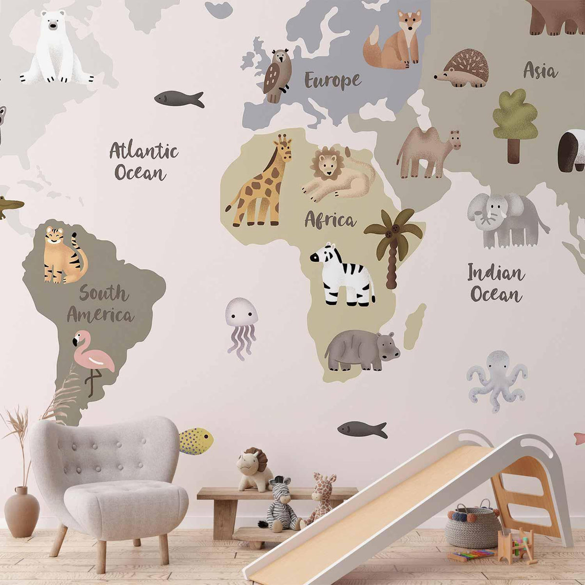 Fototapete Pastellkarte Tiere & Kontinente – Lehrreiche Weltkarte für Kinderzimmer