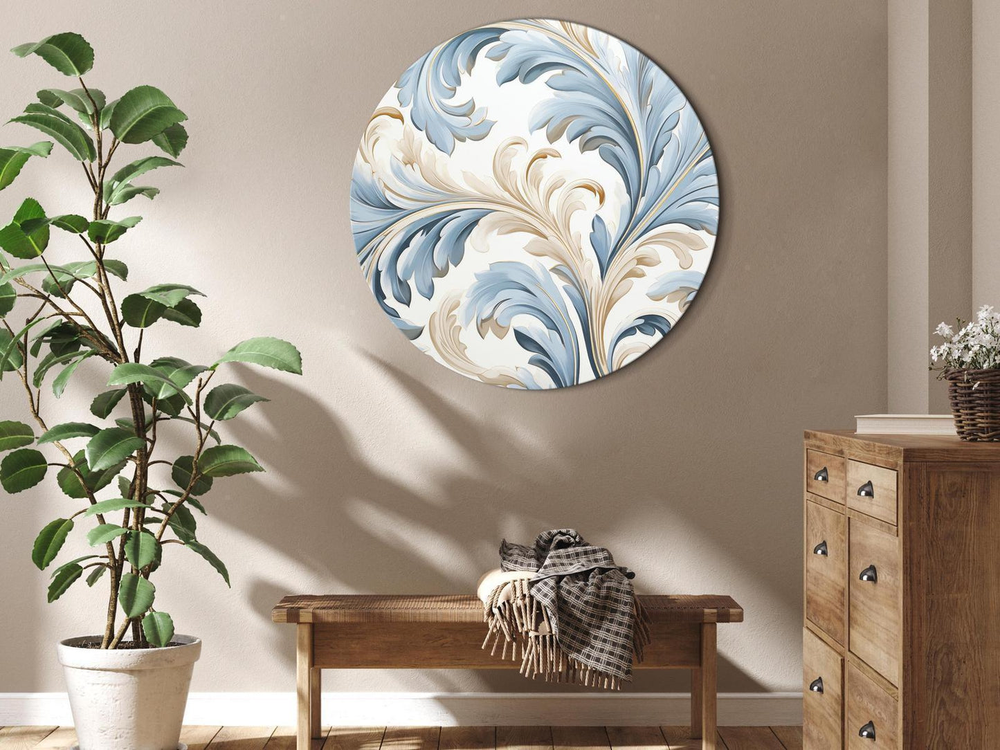 Rundes Wandbild – Barock-Ornamente in zarten Creme- und Blautönen