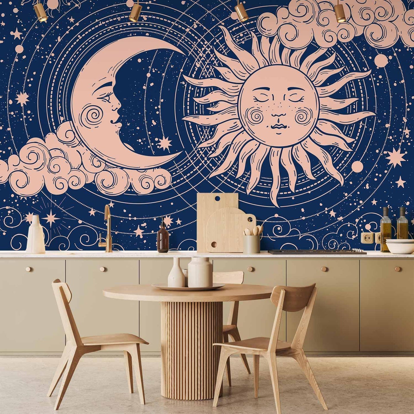 Fototapete - Cosmic Harmony - Illustration of the Sun and Moon on a Navy Background Artgeist