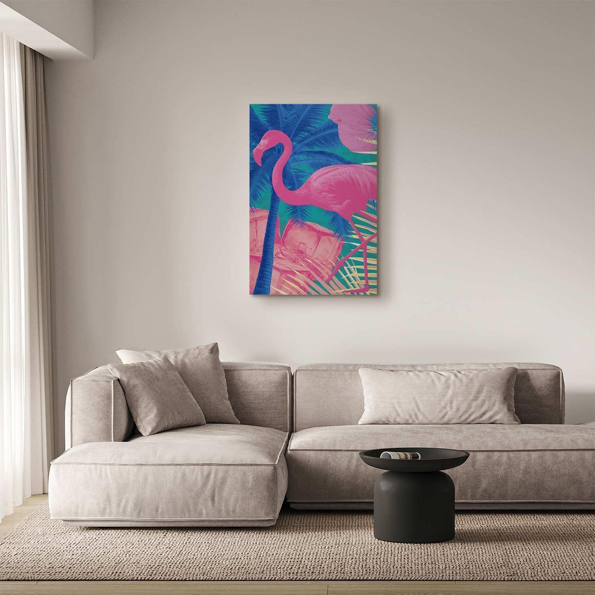 Leinwandbild - Pink Flamingo - Abstract Flamingo Against Palms and Ice Cubes