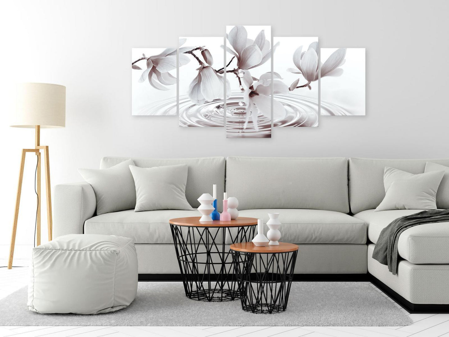 Leinwandbild - Magnolias over Water (5 Parts) Wide Grey