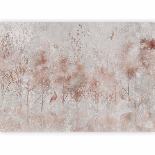 Fototapete - Autumn landscape - abstract with trees and birds on a textured background