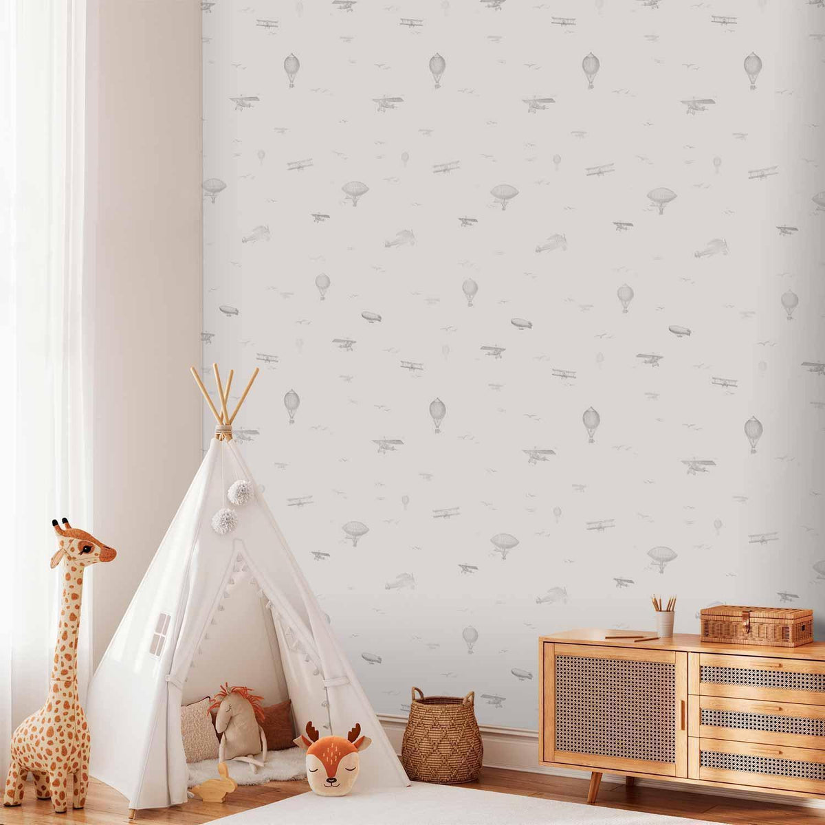 Tapete - Drawing - Airplanes - balloons - and airships against a sky full of birds