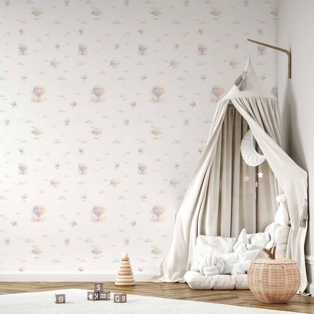 Tapete mit bunten Luftballons und Luftschiffen im Aquarellstil