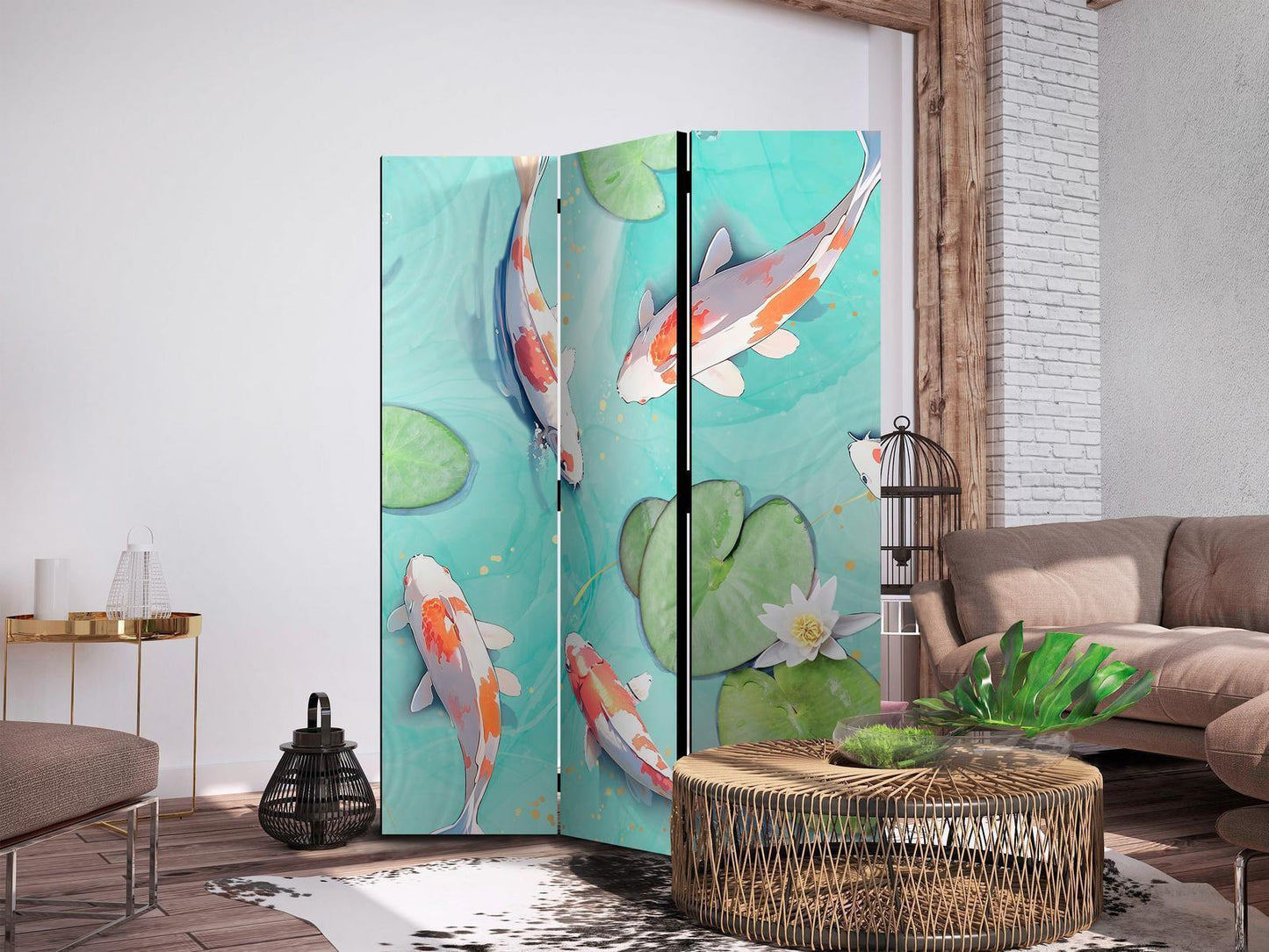 Paravent - Spectacular Fish - White-Orange Koi Fish Swimming in Crystal Clear Water with Water Lilies Artgeist