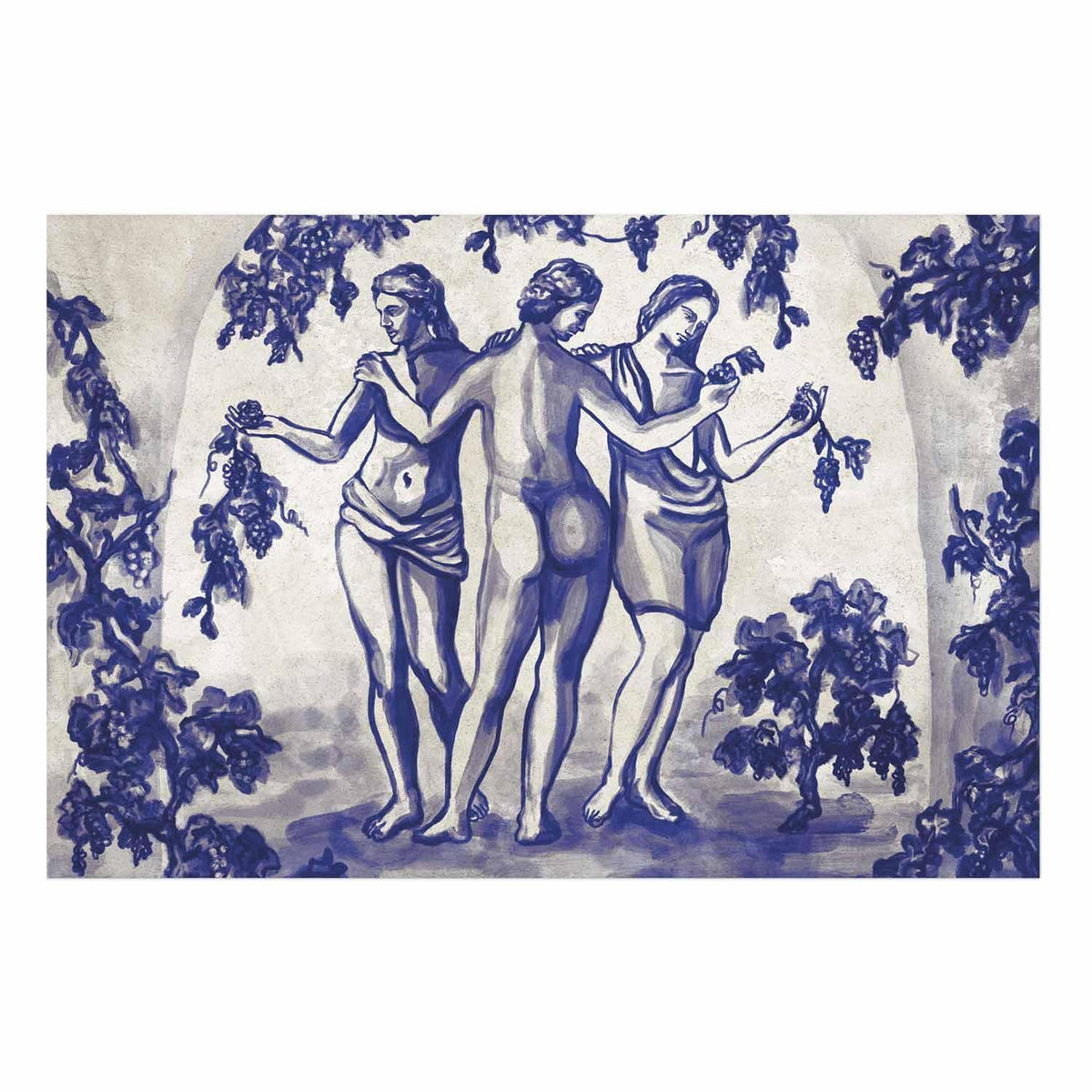 Poster - Ancient Vineyard - three women in a portal painted in blue ink