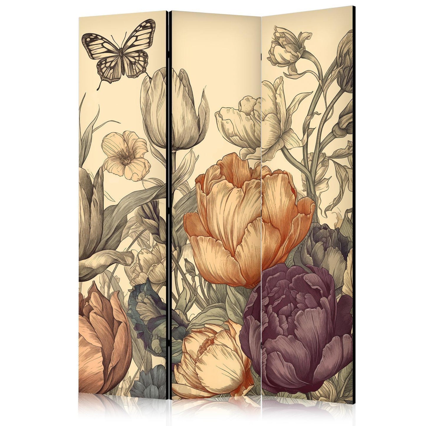 Paravent - Tulips in Cream - Illustration of Flowers and Butterflies on a Light Background Artgeist