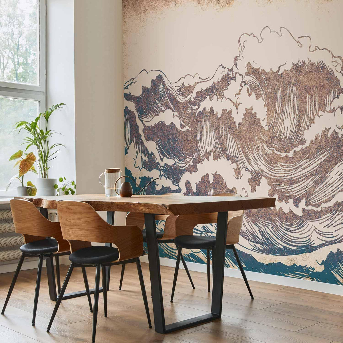 Fototapete Große Welle – japanischer Holzschnitt-Stil in Bronze und Teal