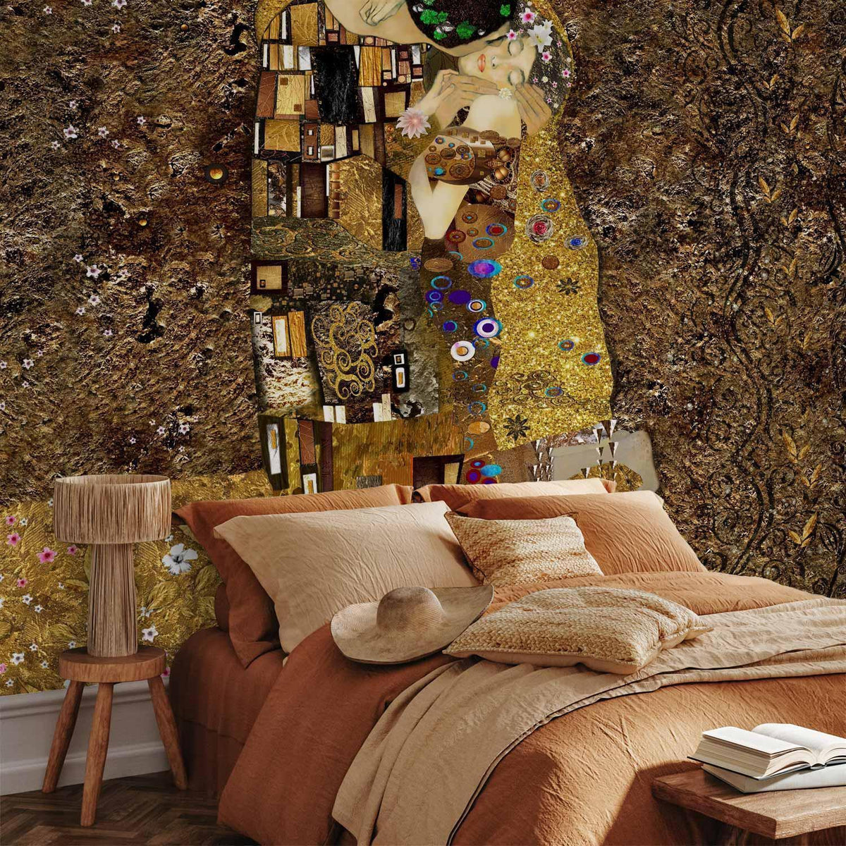 Fototapete Goldener Kuss – Klimt-inspirierte Kunst mit Goldornamenten