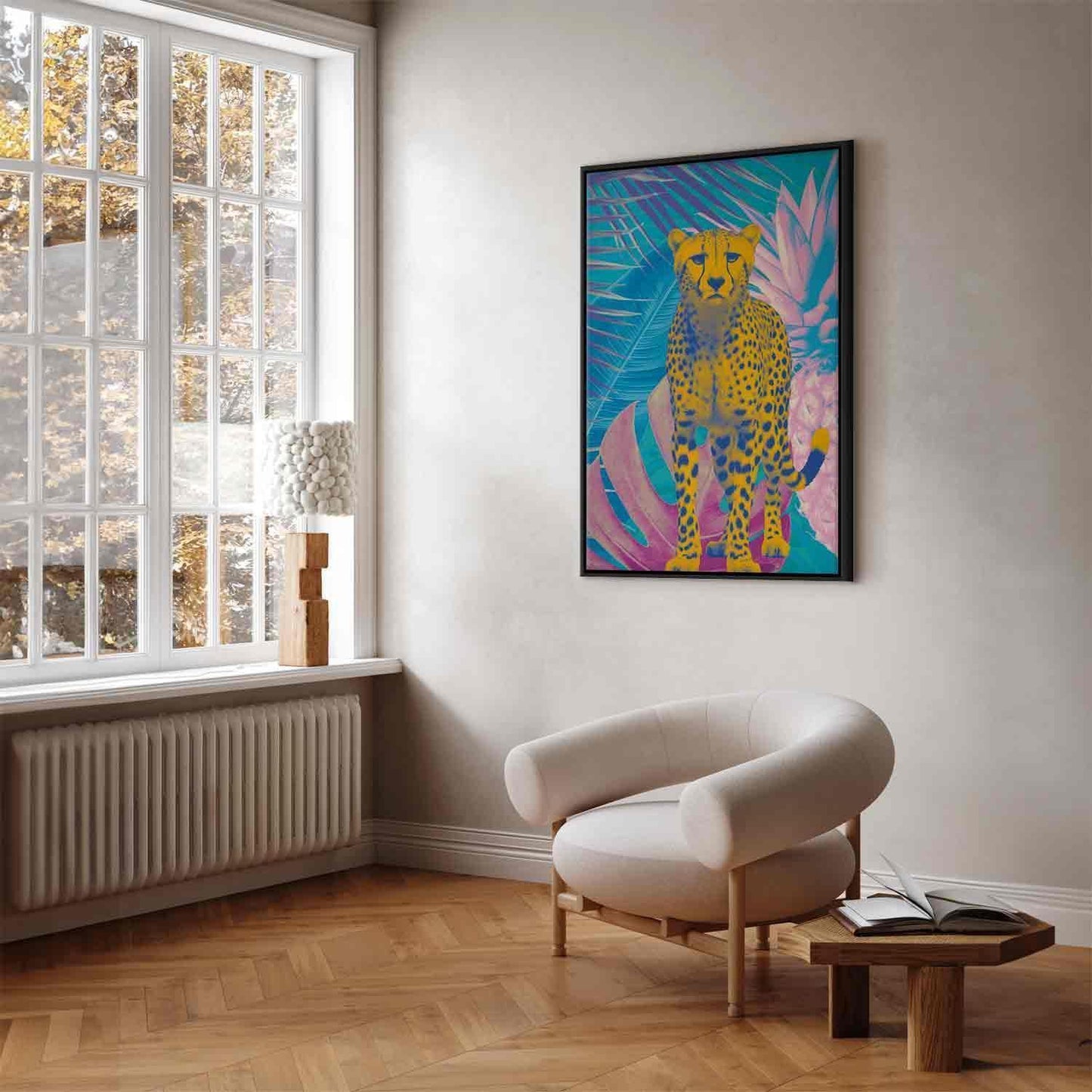 Leinwandbild - Exotic Leopard - Colorful Portrait of a Cheetah Against Tropical Leaves Artgeist
