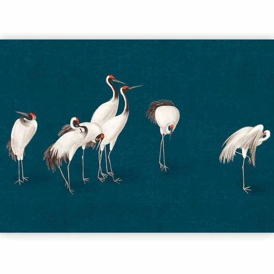 Fototapete - Evening by the pond - a group of cranes drawn in dry pastel on a dark turquoise background