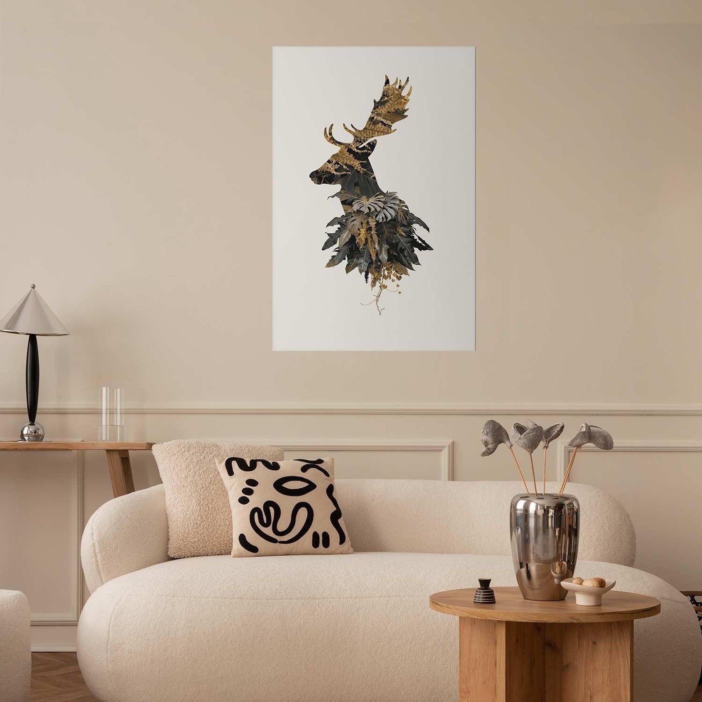 Poster depicting a stylized forest deer in a cozy living room setting.