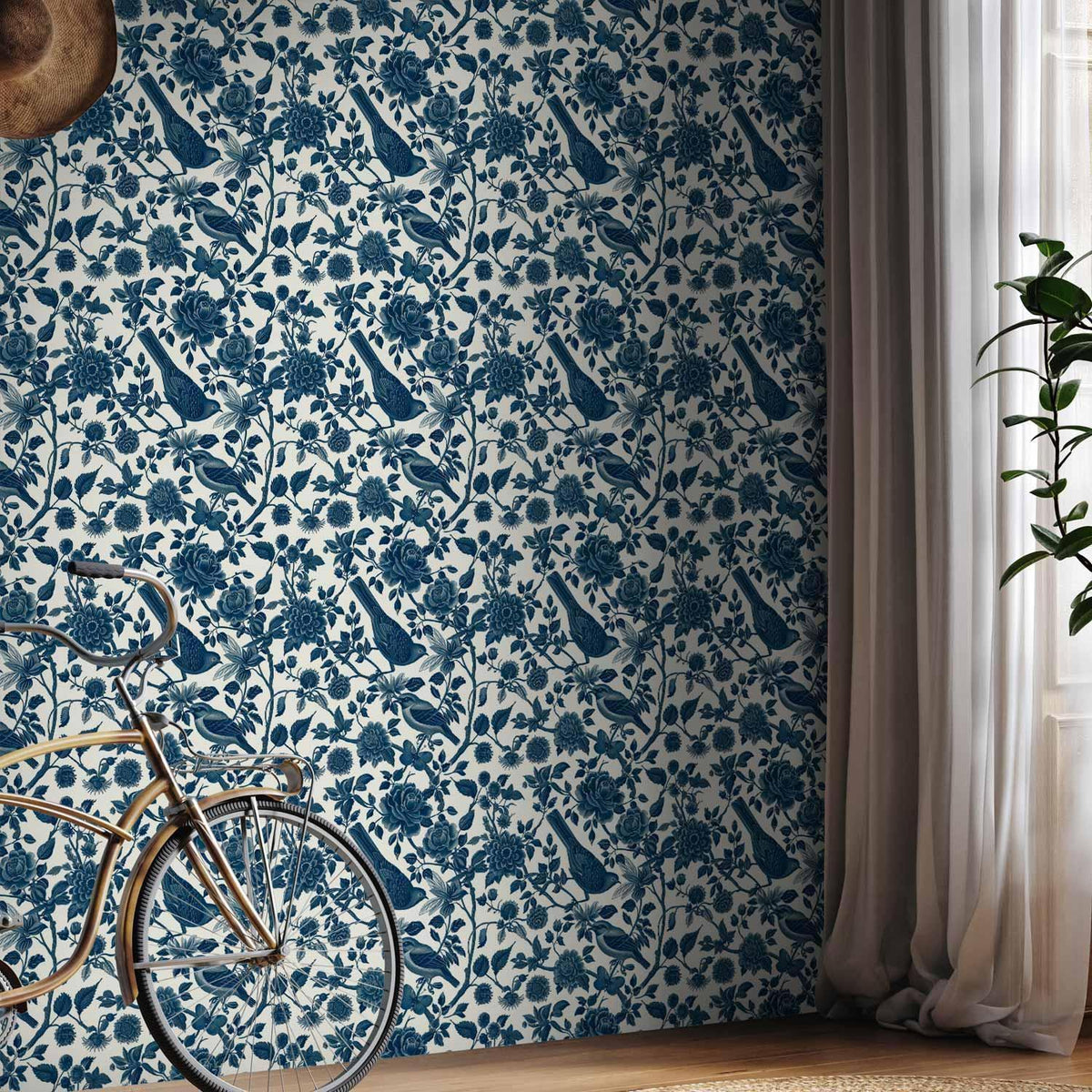 Tapete - Birds and roses - monochrome blue pattern with botanical motif