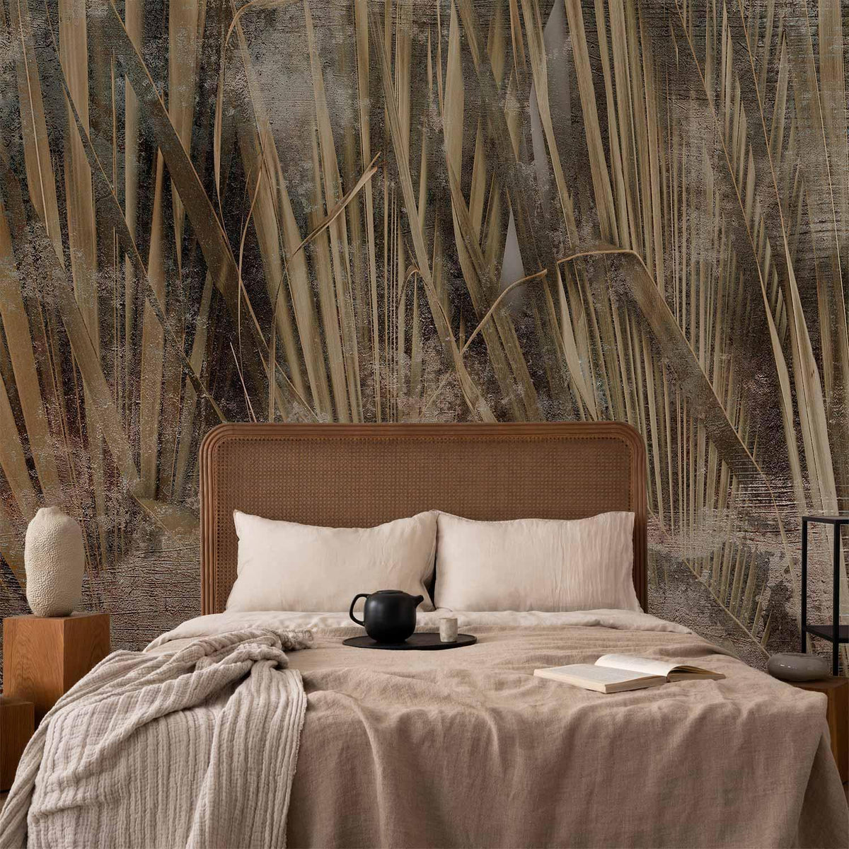 Fototapete - Dry leaves - landscape of tall grasses in boho style with paint patterns
