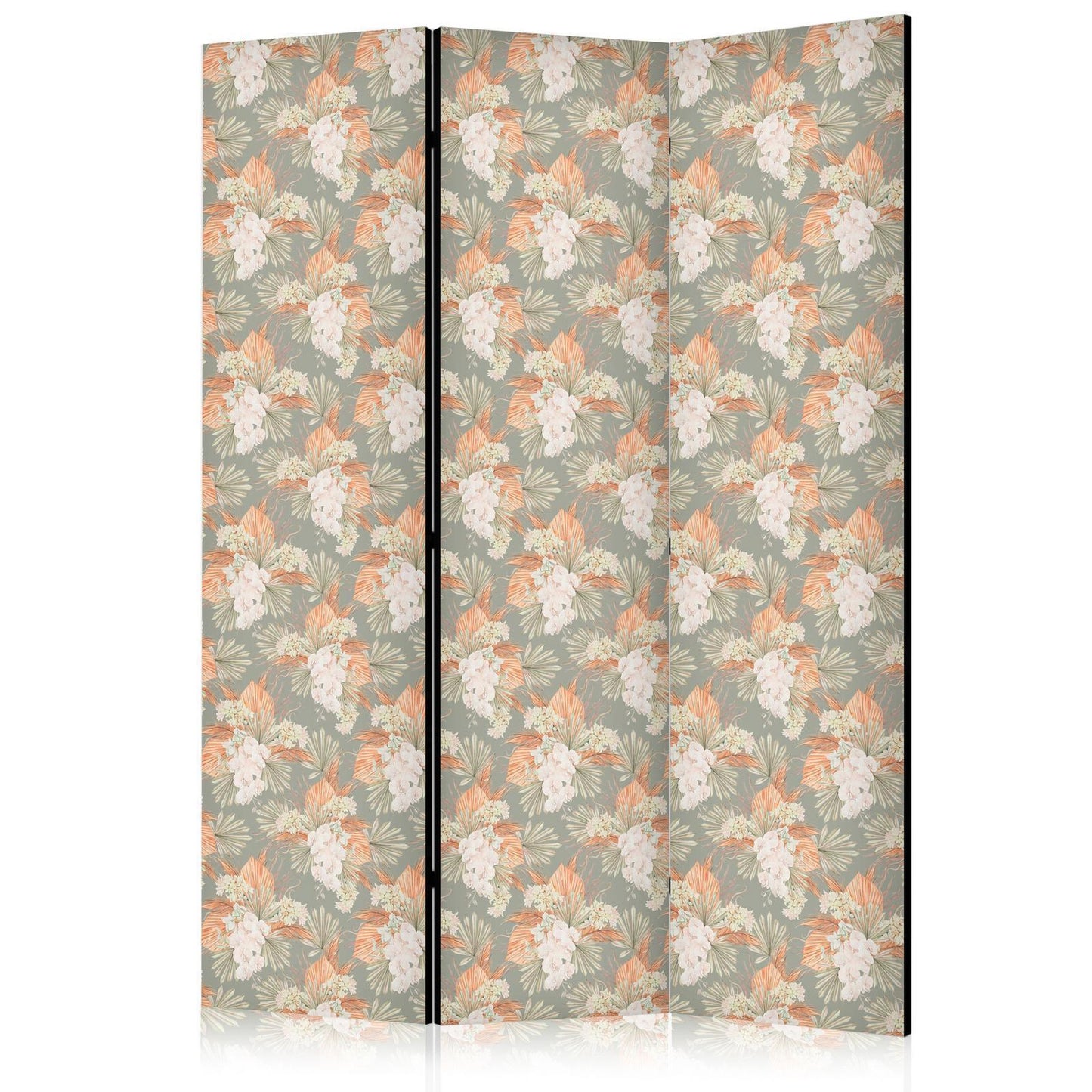 Paravent - Little Bouquets - Exotic Flowers and Leaves on a Gray-Green Background Artgeist