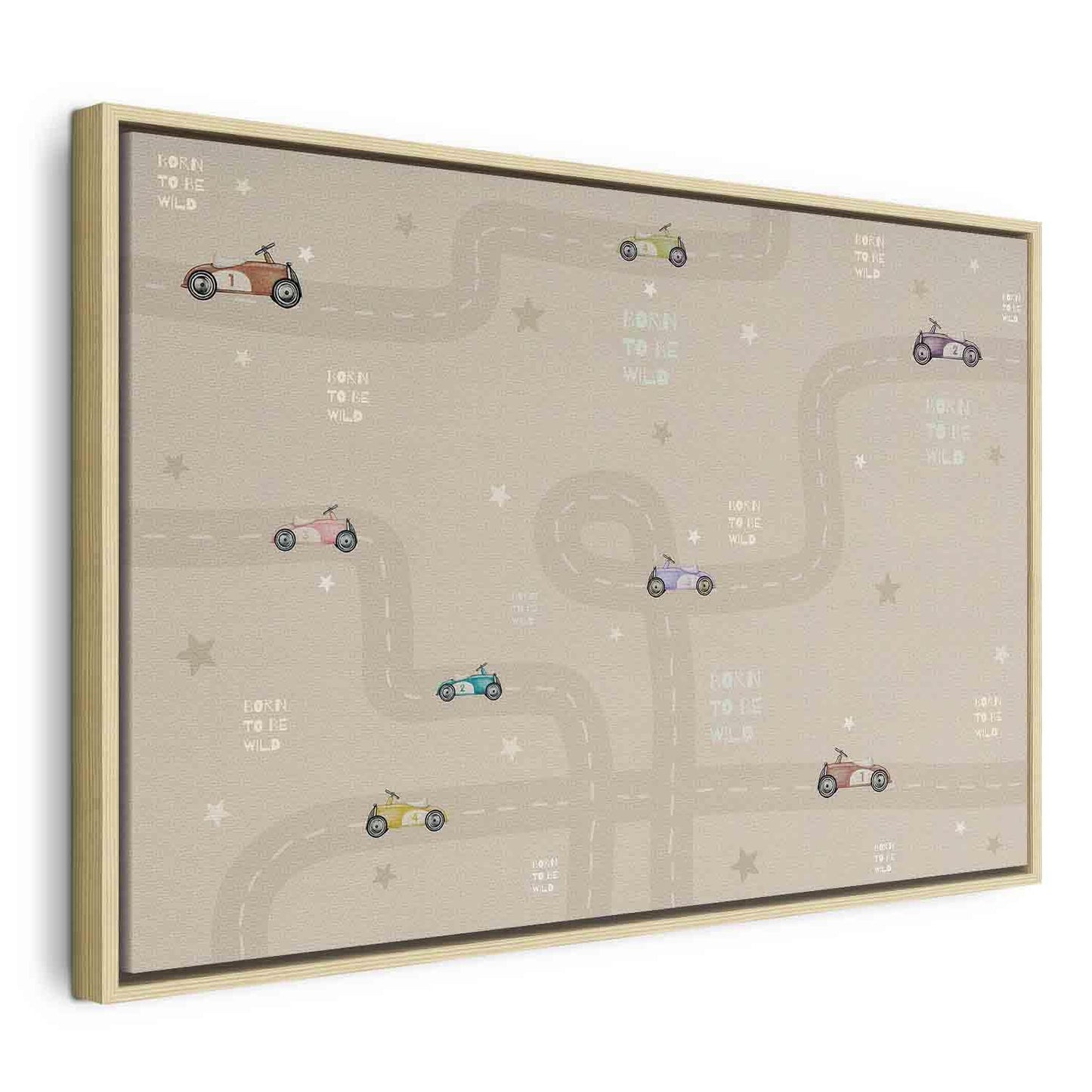 Leinwandbild - Race - Colorful Cars on a Road on a Beige Background with Inscriptions Artgeist