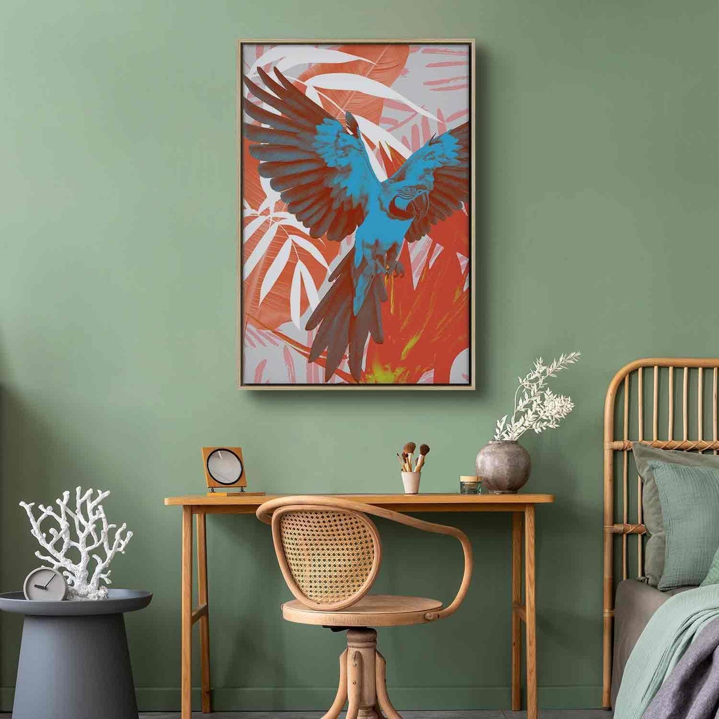 Leinwandbild - Exotic Wings - Parrot Among Abstract Leaf Patterns Artgeist