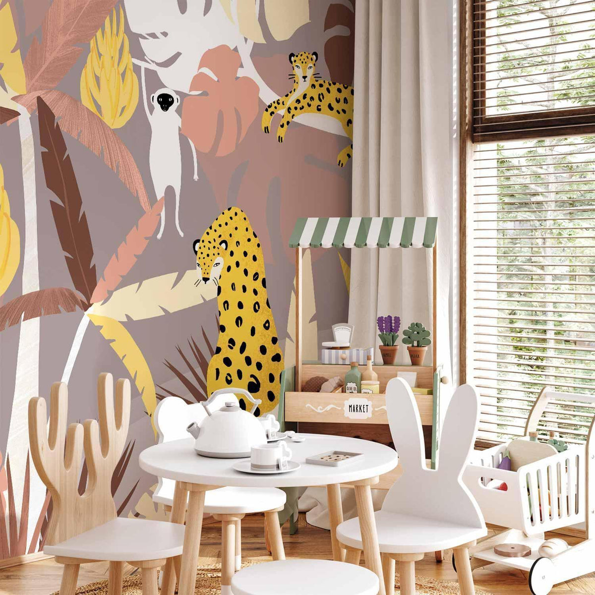 Fototapete - Cheetahs in the jungle - landscape with exotic animals with palm trees for children
