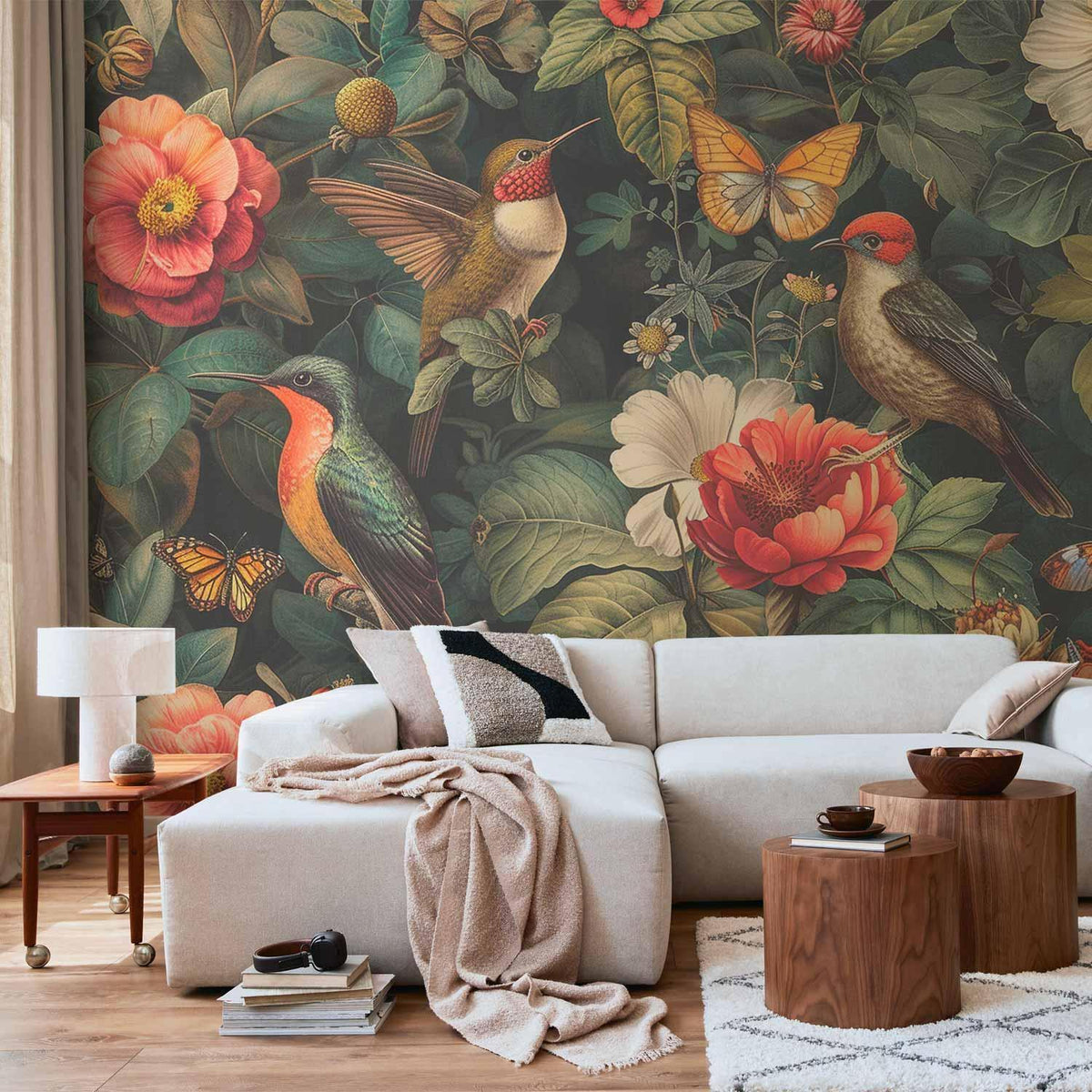 Fototapete Blumen und Vögel - Vintage Illustration mit Schmetterlingen