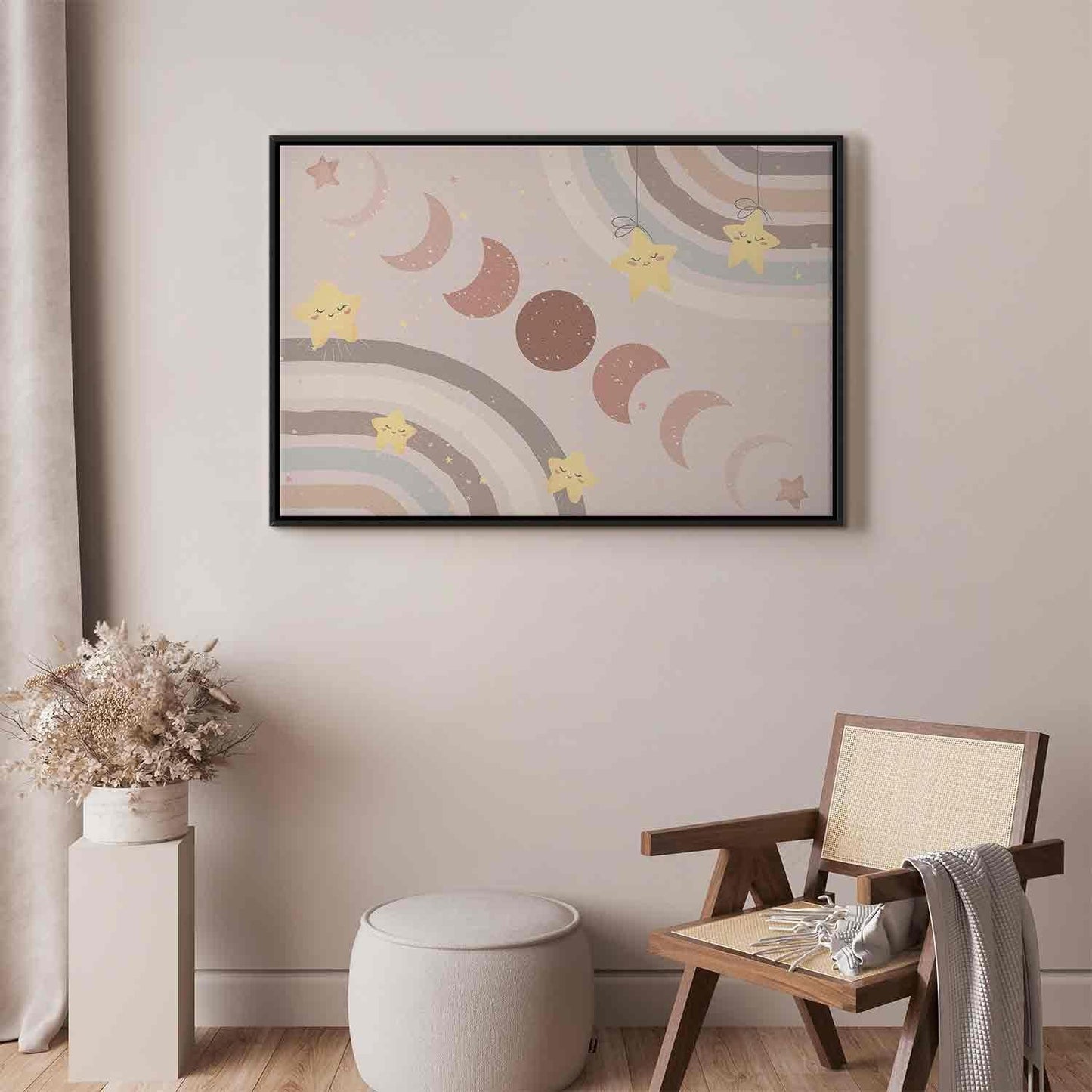 Leinwandbild - Joyful Sky - Yellow Cheerful Stars with a Rainbow Against the Phases of the Moon in a Light Beige Sky Hue Artgeist