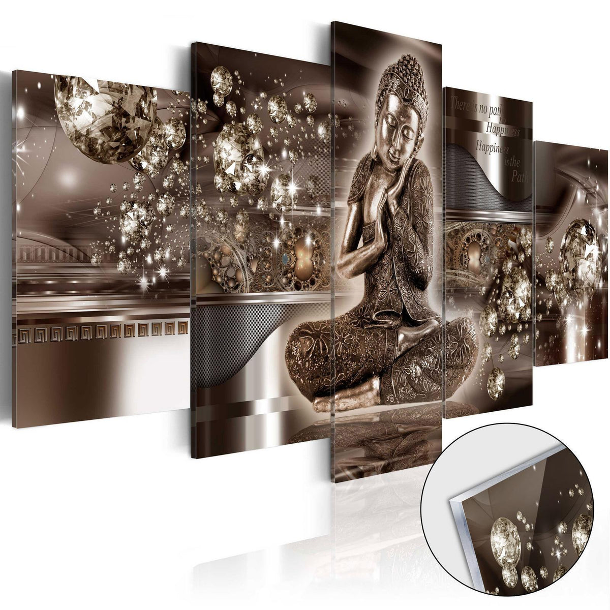 Wandbild Innere Harmonie – 5-teiliges Acrylglasbild mit Buddha in Bronze