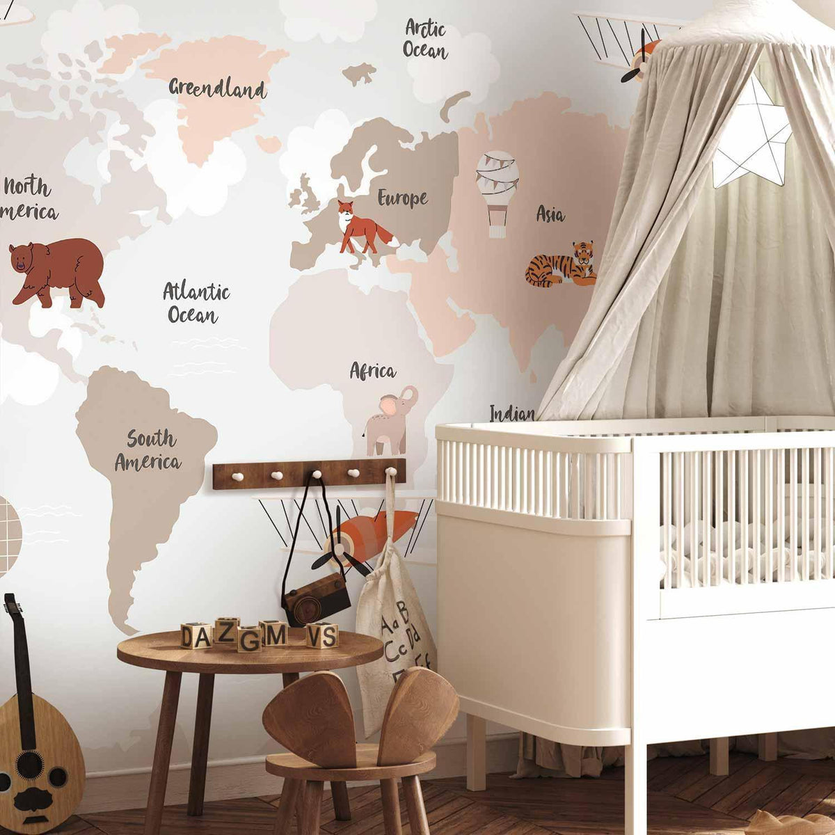 Fototapete - Map in Shades of Beige - Continents With Animals