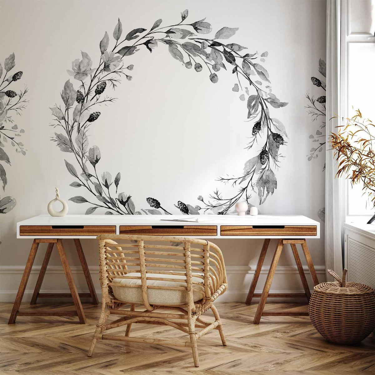 Fototapete - Romantic wreath - grey plant motif with leaves with rose pattern