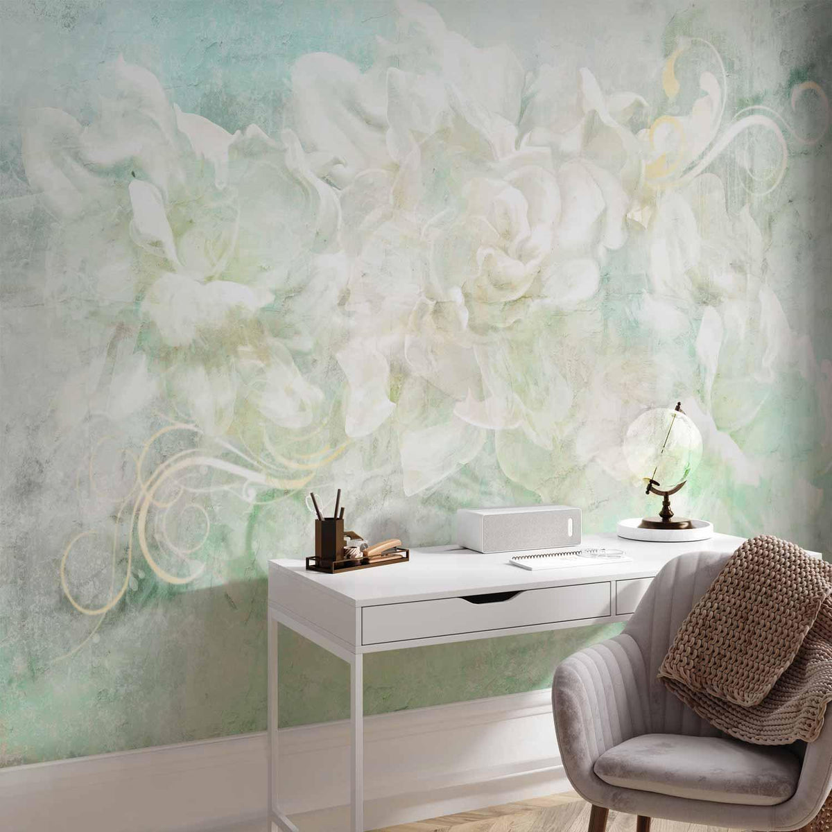 Fototapete - Blossoming among pastels - abstract with floral motif and patterns