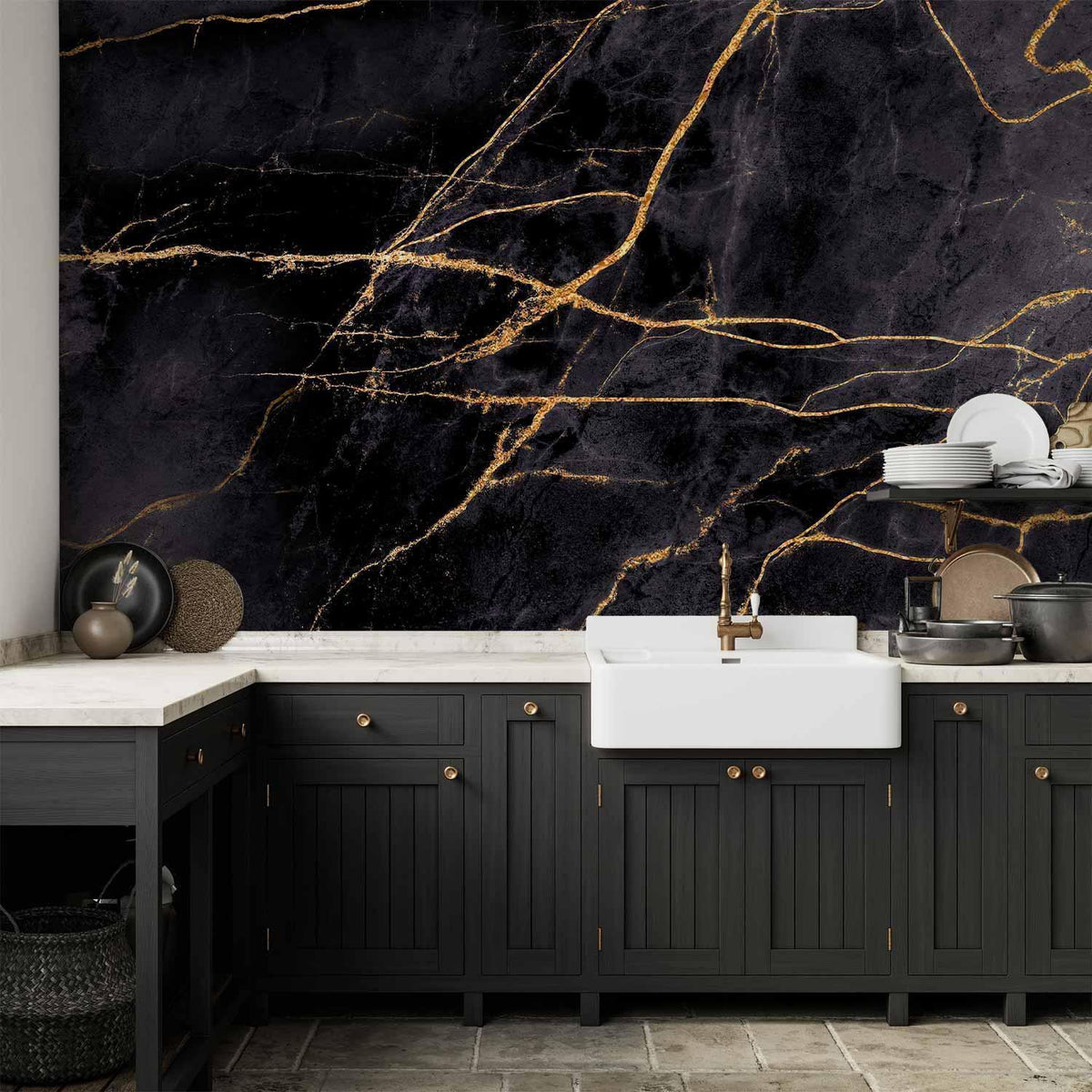 Fototapete Goldene Linien – Abstraktes Design auf schwarzem Hintergrund