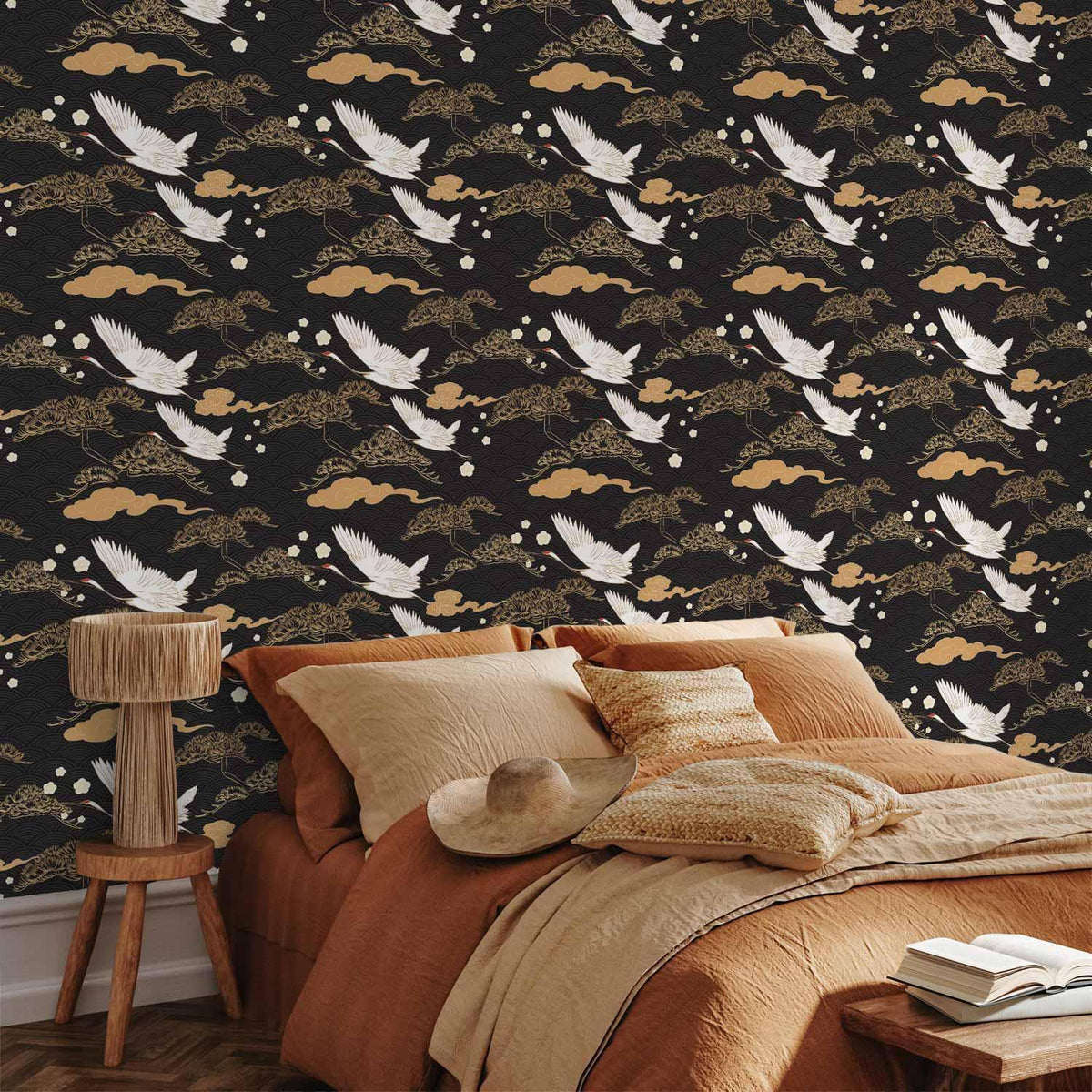 Tapete - Oriental impressions - decorative pattern with a motif of flying cranes on a dark background