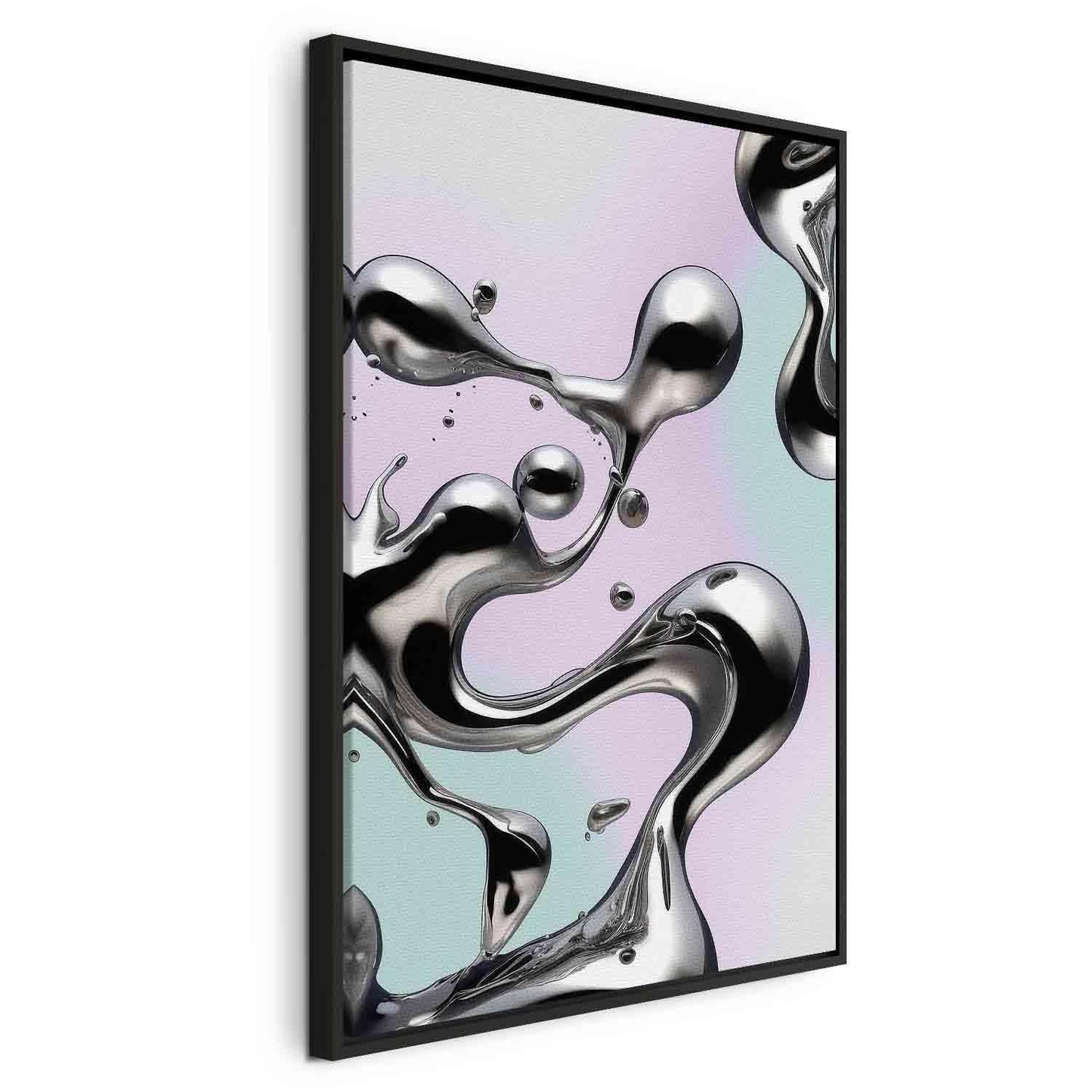 Leinwandbild - Metallic Fluidity - Abstract Silver Forms on a Mint-Purple Background Artgeist