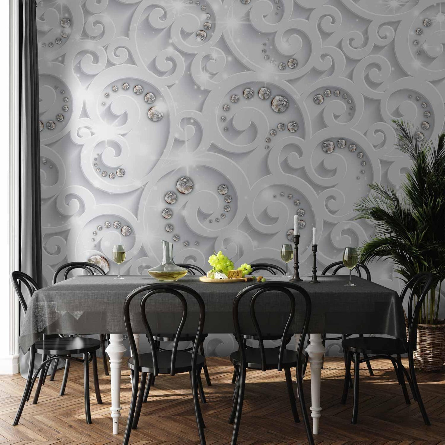 Abstrakte Glamour-Tapete als Wandakzent im Schlafzimmer – ruhiges Design in Metallic-Tönen