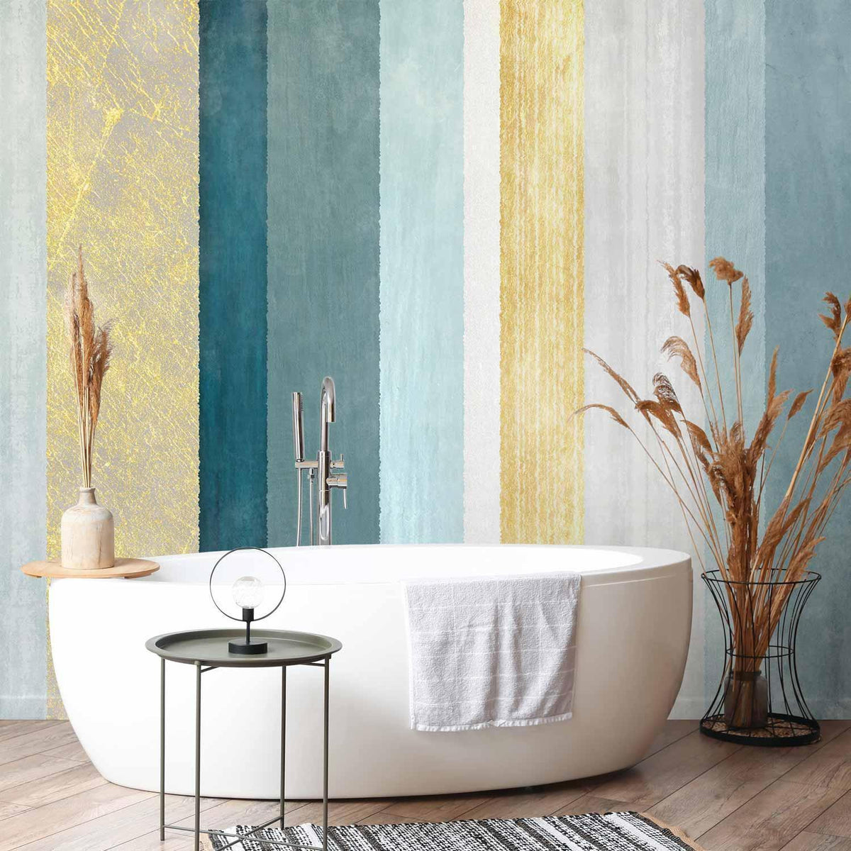 Fototapete - Striped pattern - abstract background in stripes in blue tones with gold pattern