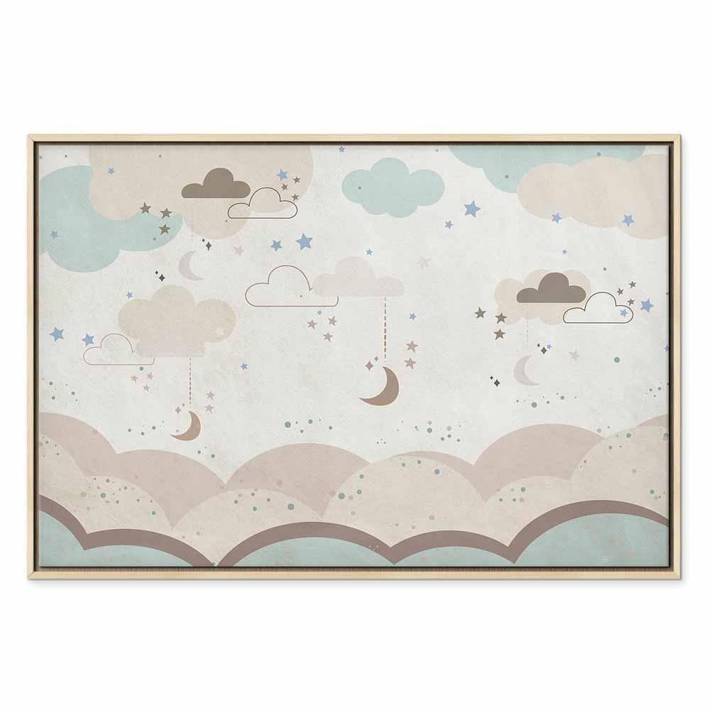 Leinwandbild - Cloudy Night Sky - Moons in Brown and Beige Hues Among Clouds and Numerous Little Stars on a Light Background