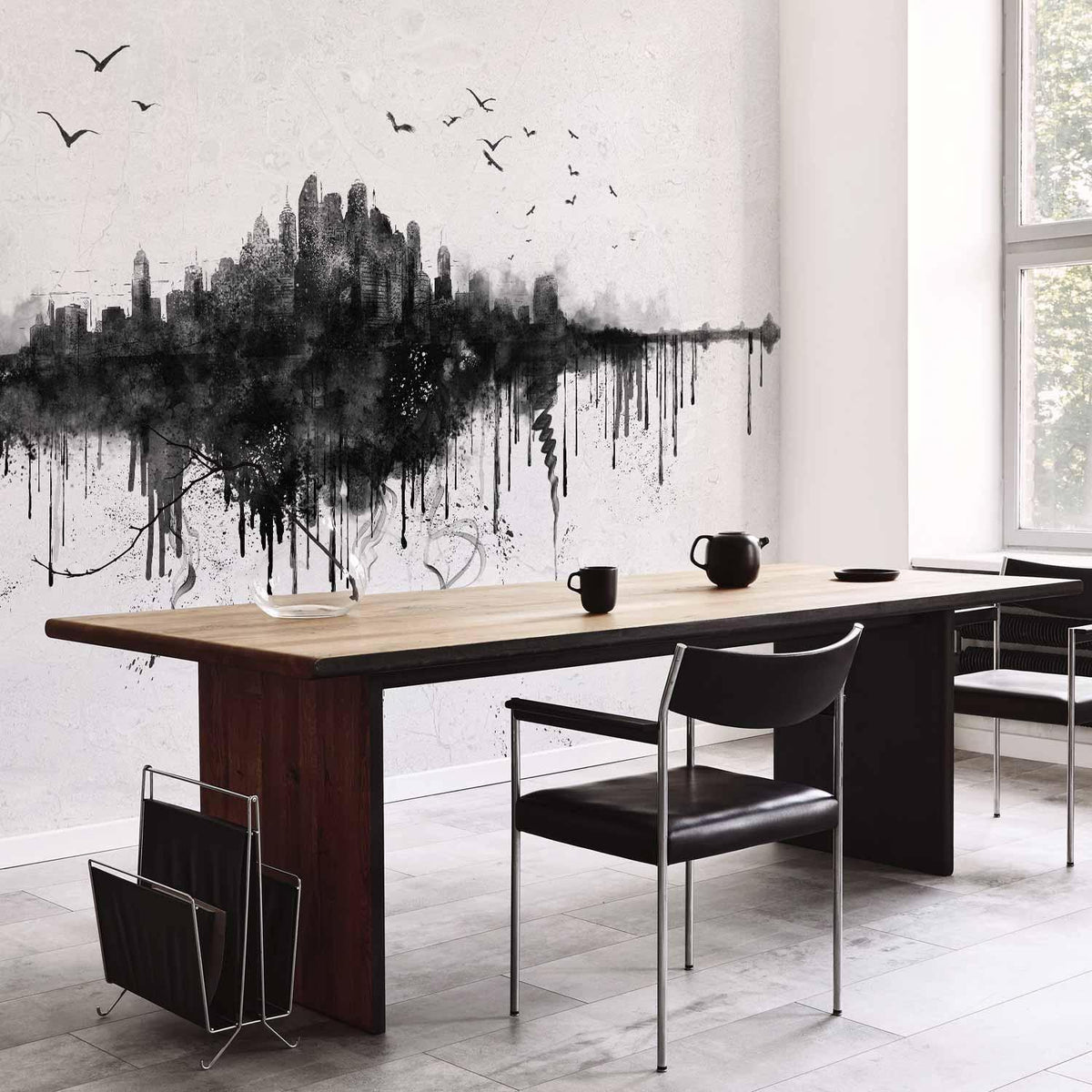 Fototapete - Big city - abstract city skyline in black watercolour style