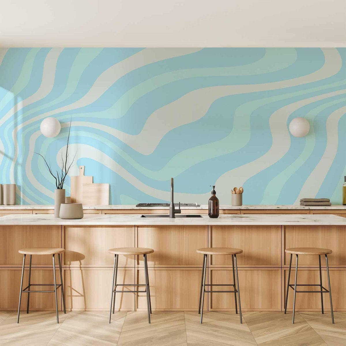 Fototapete - Composition in Blues and Whites - Harmonious Abstract Waves in a Cool Color Tone