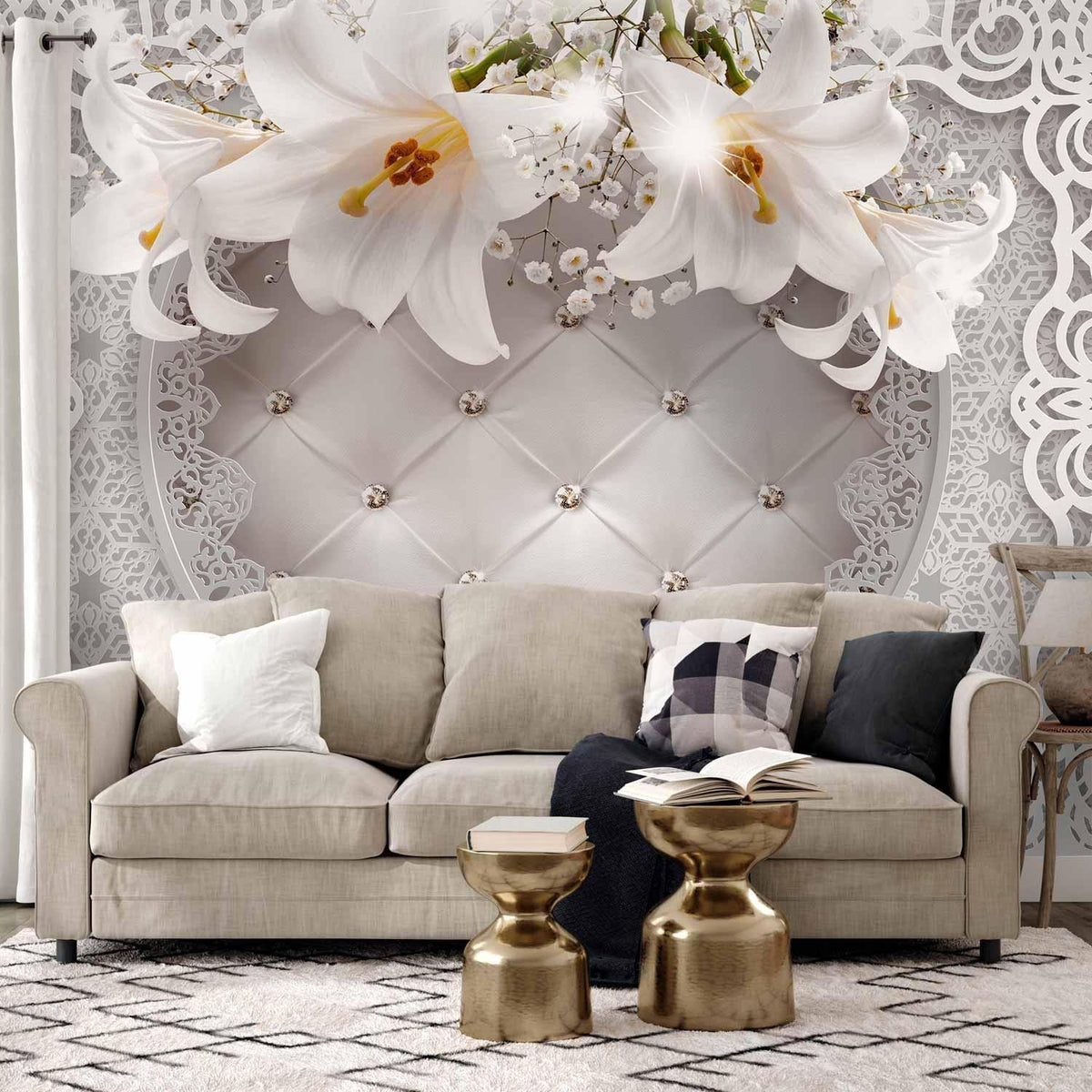 Fototapete - Lilies and Quilted Background