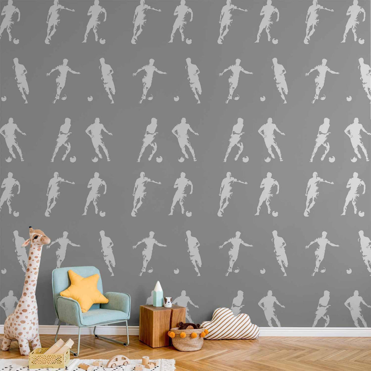 Tapete - Sports Silhouettes - Dynamic figures of soccer players on a gray background