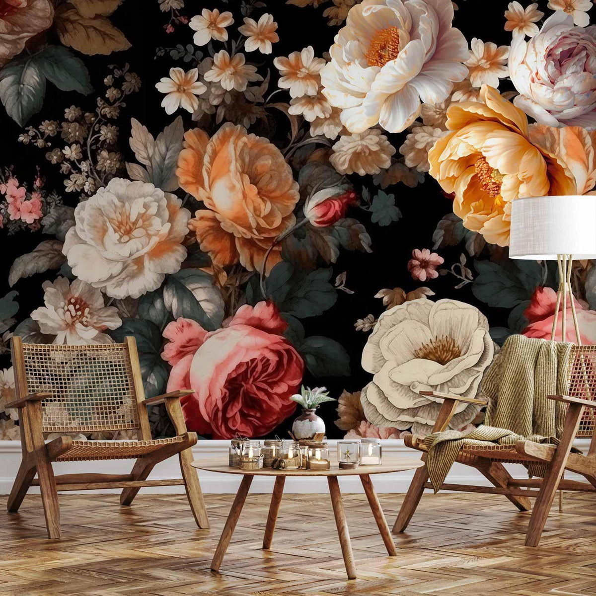 Fototapete Blumen auf Schwarz – Üppige Blüten im flämischen Stil