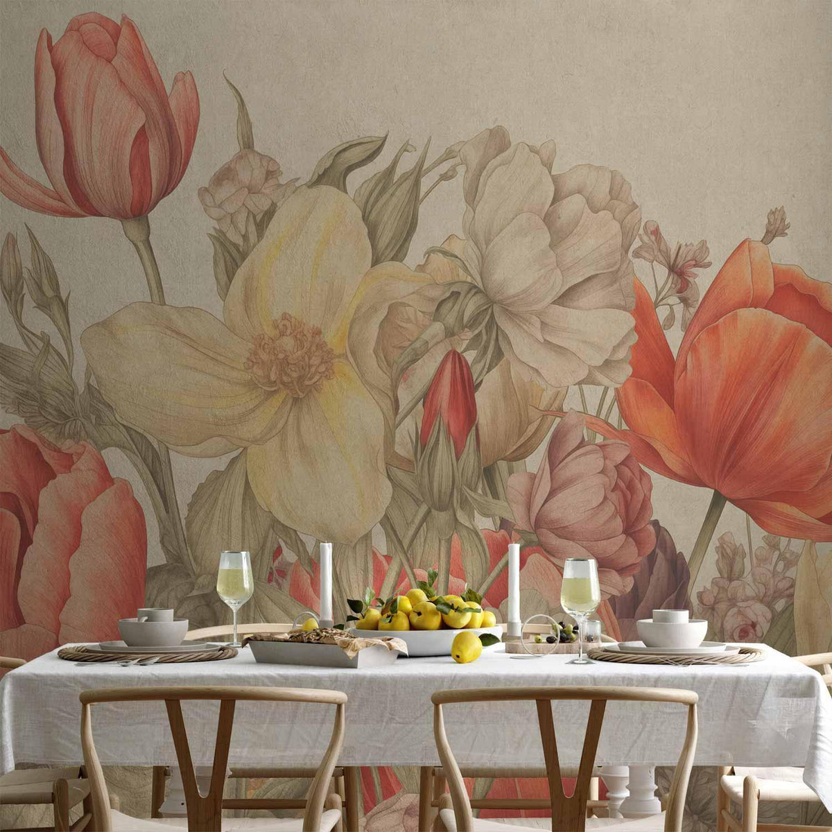 Fototapete Blumenstrauß Beige – Zarte Blüten für Wohnzimmer & Schlafzimmer