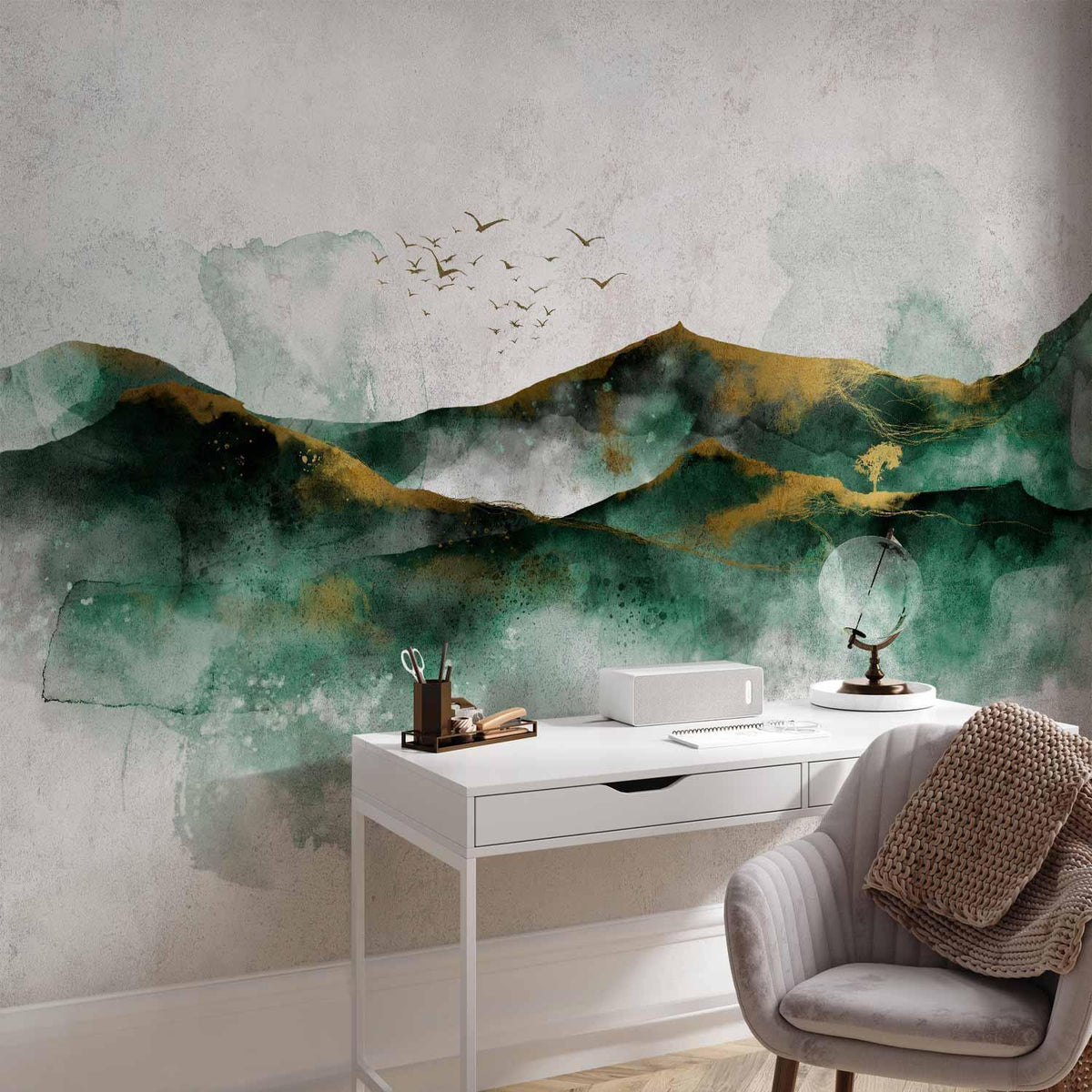 Fototapete - Abstract landscape - green mountains with golden patterns and birds