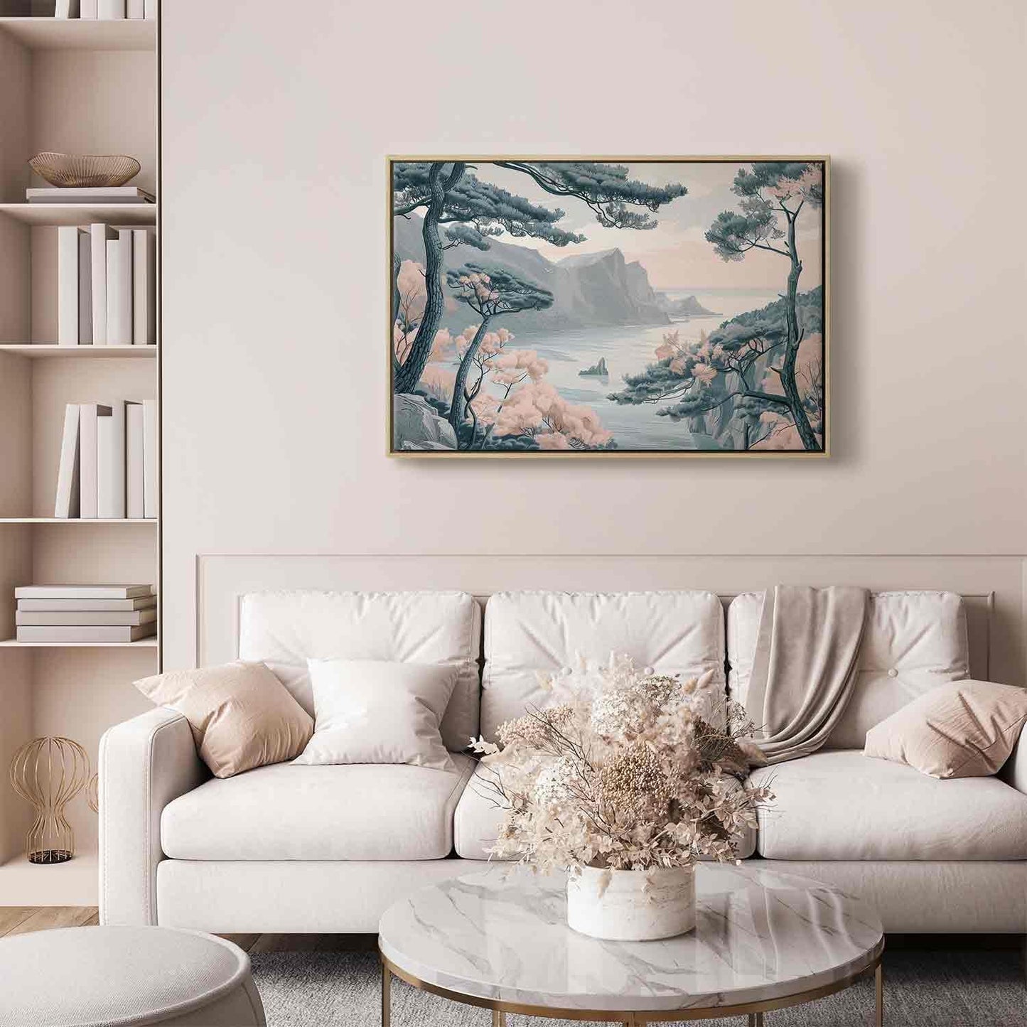 Leinwandbild - Mountainous Coast with Trees and Rocks in Light Pastel Blues Artgeist