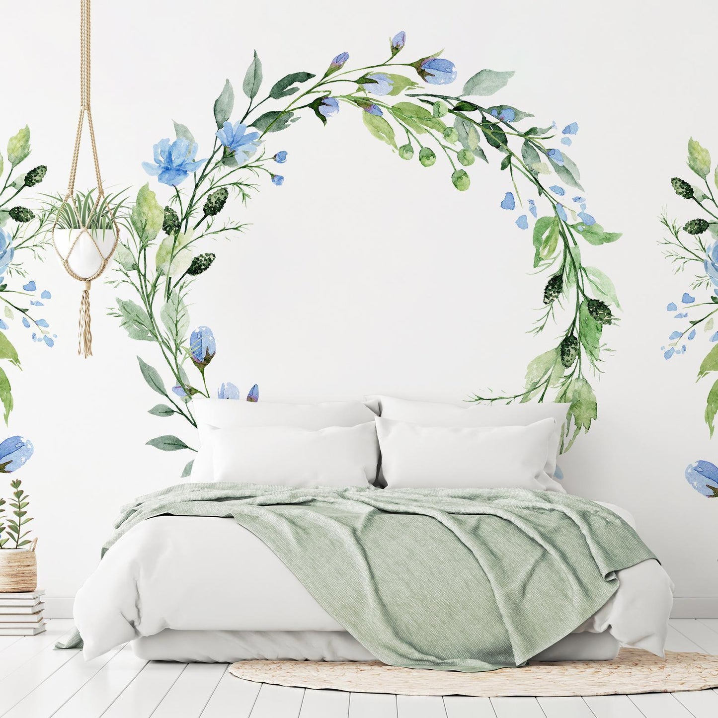 Fototapete - Romantic wreath - plant motif with blue flowers and leaves Artgeist
